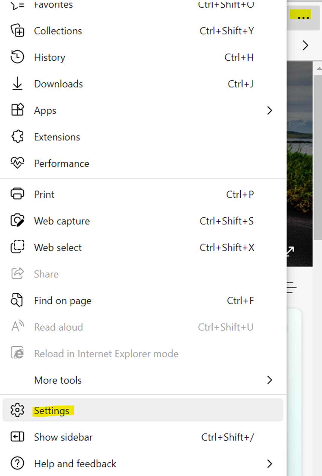 Edge application menu, with settings highlighted